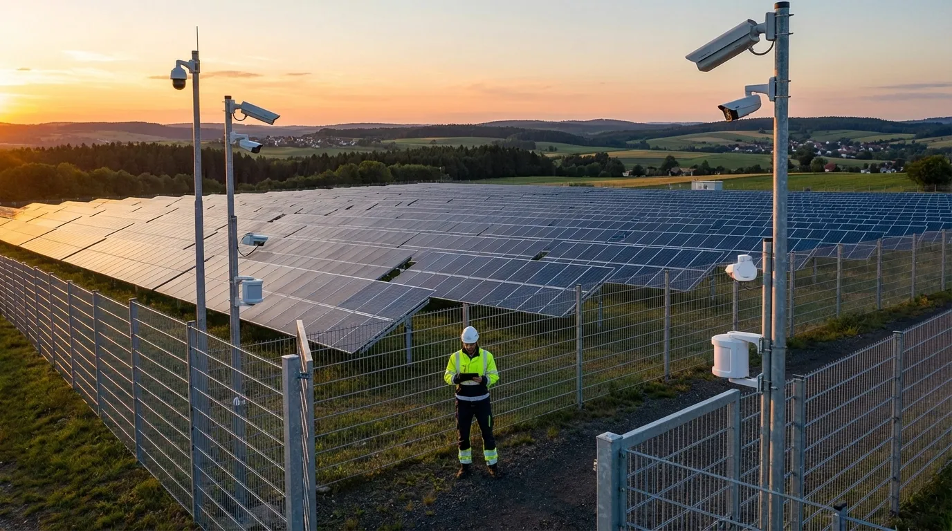Solarpark mit Zaunanlage, Sicherheitskameras und Sicherheitsmitarbeiter